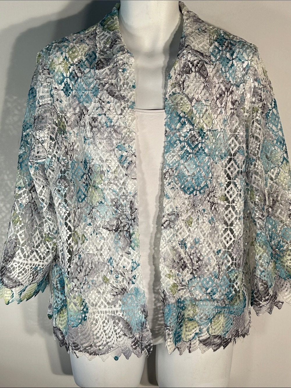 Alfred Dunner SZPXL Lightweight Crochet Lace Open Front Cardigan Coastal Resort